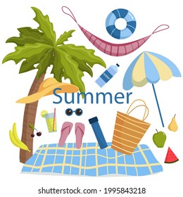 Summer beach set. Vacation things, accessories  for sea hollidays. Flat cartoon images set
