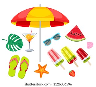 Summer beach, set of vector icons. Set hand drawn icons, signs and banners.Collection Summer hand drawn elements for summer holiday and party. Summer Typographic. Vector illustration.