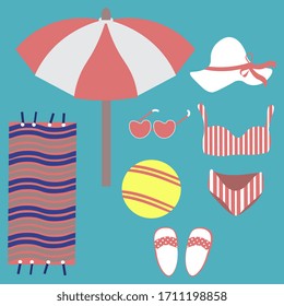 Playa de verano, conjunto de íconos vectoriales, bola, paraguas, bañador, gafas de sol, sombrero femenino, lonchas, alfombra.