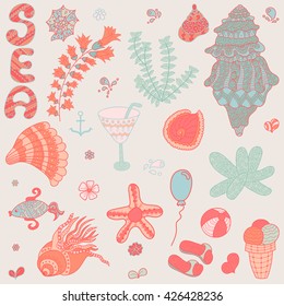 Summer beach, set of vector icons. Vintage hand drawn travel objects. Sea, shells, cactus, ball, ice cream, cocktail