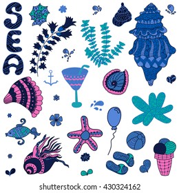 Summer beach, set of vector icons. Vintage hand drawn travel objects. Sea, shells, cactus, ball, ice cream, cocktail