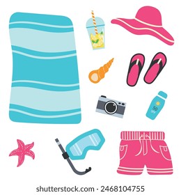 Summer beach set. Vector illustration in cartoon style, towel, snorkeling mask, flip flops, shorts, starfish, eps 10