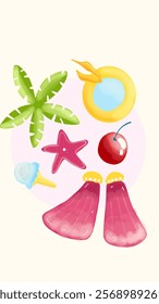 Summer beach set vector. Set sticker summer colorful fantasy illustration.