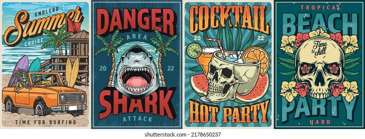 Summer beach set vintage colorful posters surfer in car near attack shark and skull cocktails for hot party vector illustration