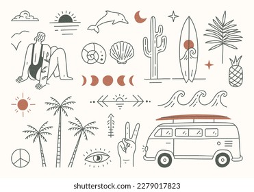 Playa de verano. Estilo retro boho vintage. Ilustración del vector