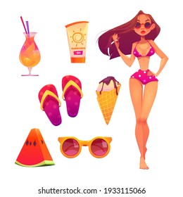 Summer beach set with woman in bikini, cocktail, sunglasses and slippers. Vector cartoon icons of vacation on tropical resort with girl in swimsuit, ice cream, watermelon slice and sunscreen