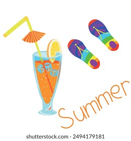 summer, beach, beach shoes, cocktail, rest, fresh juice, orange, lemonade, umbrella, ice, juice glass, juice, alcohol