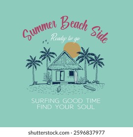 Summer beach side hand sketch graphic print design for t shirt print, poster, sticker, background and other in uses. Palm tree vintage print artwork. Beach mountain design.