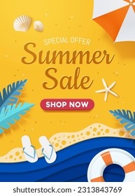 Summer beach side sale promo poster. Top view of paper art style ocean wave with inflatable ring reaching the beach with tropical leaves, sandals, seashell, starfish and parasol.