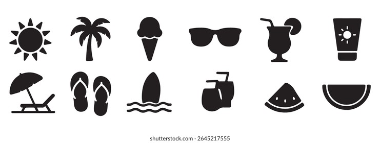 Summer and beach silhouette icons – solid style vacation, leisure, and relaxation symbols for travel planning: sun, palm tree, beach ball, ice cream, sunglasses, waves, flip flops, drink