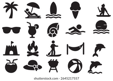 Summer and beach silhouette icons – solid style vacation, leisure, and relaxation symbols for travel planning: sun, palm tree, beach ball, ice cream, sunglasses, waves, flip flops, drink