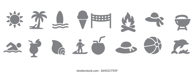 Summer and beach silhouette icons – solid style vacation, leisure, and relaxation symbols for travel planning: sun, palm tree, beach ball, ice cream, sunglasses, waves, flip flops, drink