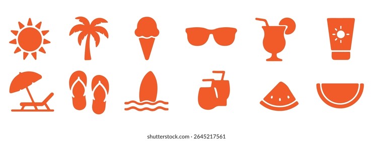 Summer and beach silhouette icons – solid style vacation, leisure, and relaxation symbols for travel planning: sun, palm tree, beach ball, ice cream, sunglasses, waves, flip flops, drink