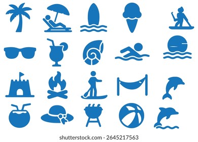 Icônes silhouettes d'été et de plage - symboles de vacances, de loisirs et de détente de style solide pour la planification des voyages : soleil, palmier, beach ball, glace, lunettes de soleil, vagues, tongs, boisson