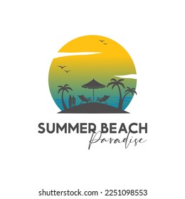 Summer Beach silhouette logo with sun chair umbrella and palm vector design