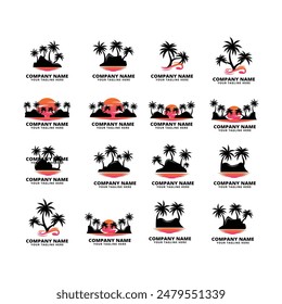 Summer Beach silhouette logo with sun chair umbrella and palm vector design