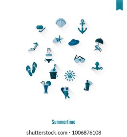 Summer and Beach Simple Flat Icons, Travel and Vacation. Vector