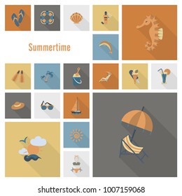 Summer and Beach Simple Flat Icons, Travel and Vacation. Vector