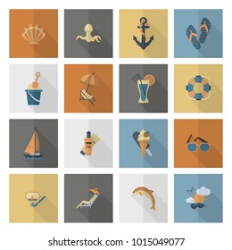 Summer and Beach Simple Flat Icons, Travel and Vacation. Vector