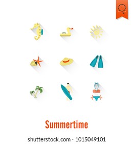 Summer and Beach Simple Flat Icons, Travel and Vacation. Vector