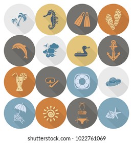 Summer and Beach Simple Flat Icons, Travel and Vacation. Vector