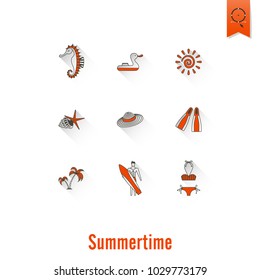 Summer and Beach Simple Flat Icons, Travel and Vacation. Vector