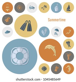 Summer and Beach Simple Flat Icons, Travel and Vacation. Vector