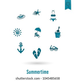 Summer and Beach Simple Flat Icons, Travel and Vacation. Vector