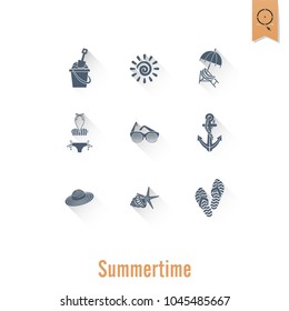 Summer and Beach Simple Flat Icons, Travel and Vacation. Vector