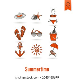 Summer and Beach Simple Flat Icons, Travel and Vacation. Vector