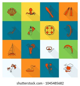 Summer and Beach Simple Flat Icons, Travel and Vacation. Vector