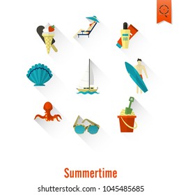 Summer and Beach Simple Flat Icons, Travel and Vacation. Vector