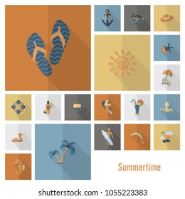 Summer and Beach Simple Flat Icons, Travel and Vacation. Vector