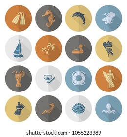 Summer and Beach Simple Flat Icons, Travel and Vacation. Vector