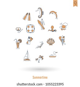 Summer and Beach Simple Flat Icons, Travel and Vacation. Vector