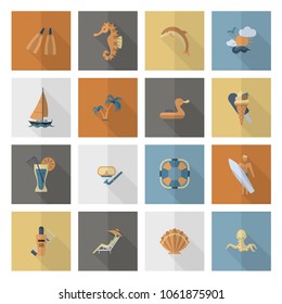 Summer and Beach Simple Flat Icons, Travel and Vacation. Vector