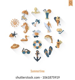 Summer and Beach Simple Flat Icons, Travel and Vacation. Vector