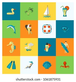 Summer and Beach Simple Flat Icons, Travel and Vacation. Vector