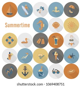 Summer and Beach Simple Flat Icons, Travel and Vacation. Vector