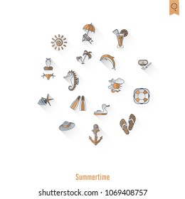 Summer and Beach Simple Flat Icons, Travel and Vacation. Vector