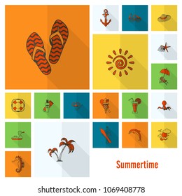 Summer and Beach Simple Flat Icons, Travel and Vacation. Vector