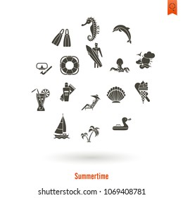 Summer and Beach Simple Flat Icons, Travel and Vacation. Vector
