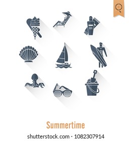 Summer and Beach Simple Flat Icons, Travel and Vacation. Vector