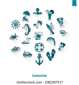 Summer and Beach Simple Flat Icons, Travel and Vacation. Vector