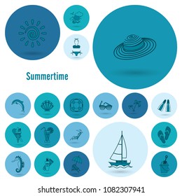 Summer and Beach Simple Flat Icons, Travel and Vacation. Vector