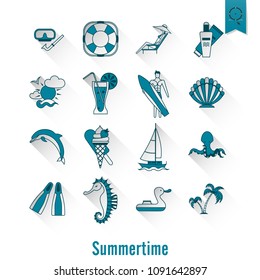 Summer and Beach Simple Flat Icons, Travel and Vacation. Vector