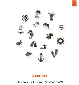 Summer and Beach Simple Flat Icons, Travel and Vacation. Vector