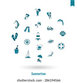 Summer and Beach Simple Flat Icons, Travel and Vacation. Vector