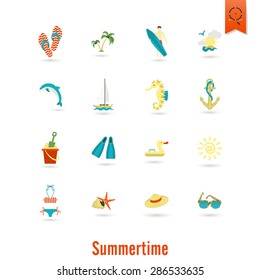 Summer and Beach Simple Flat Icons, Travel and Vacation. Vector