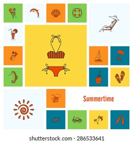 Summer and Beach Simple Flat Icons, Travel and Vacation. Vector